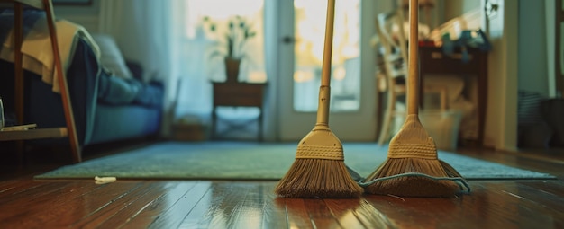 two cleaning brooms in a living room