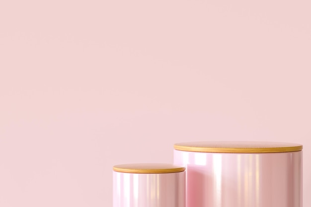 Photo two clear cylinder podiums on pastel pink background stand for product presentation 3d render