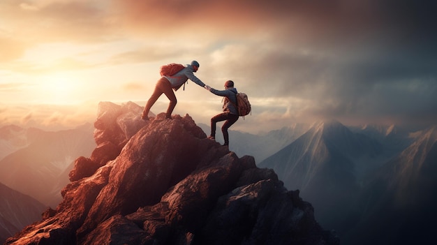 two climbers are walking in mountains