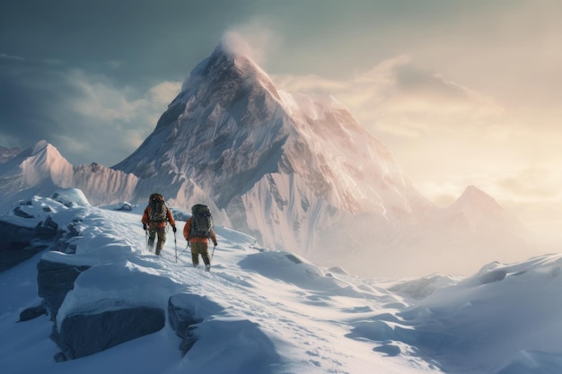 2 人の登山者が山頂に登る 雪に覆われた山を登るアルピニストの後ろ姿 野外活動中の旅行者