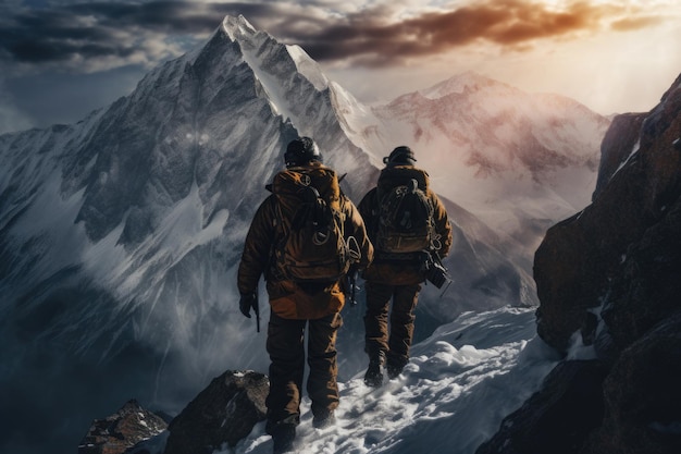 Two climbers ascend mountain peak Back view of alpinists climbing snow covered mountains Travelers during outdoor activities