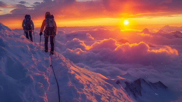 Photo two climbers triumphantly reach mountain summit at sunset symbolizing teamwork and success concept teamwork success mountain climbing sunset triumph