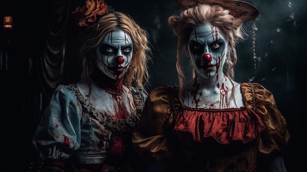 Two clowns in a dark room with blood on their faces