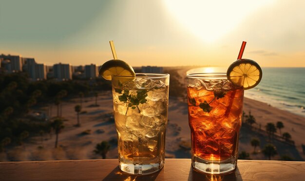 Two cocktail drinks with blur beach ocean party and colorful sunset sky in the background Luxury