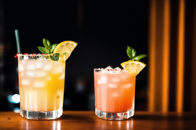 Два коктейля в баре с бутылкой лимона на стойке.