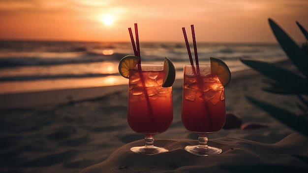 Two cocktails on the beach at sunset