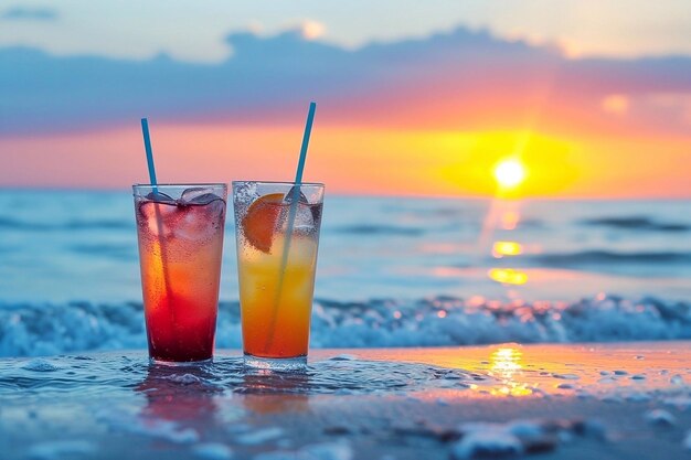 Two cocktails on the beach at sunset