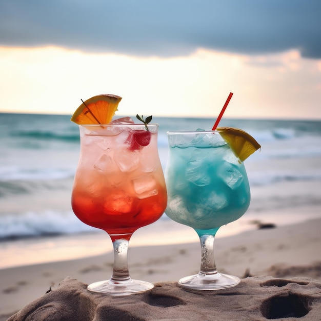 Two cocktails on a beach with a beach in the background.