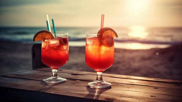 Two cocktails on a beach with a sunset in the background