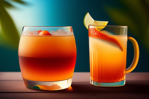 Two cocktails on a table with a lime wedge on the right