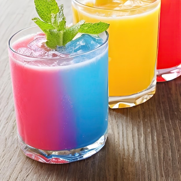 Two cocktails with different colors of the rainbow on a wooden table