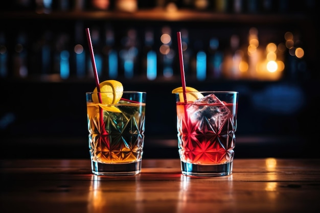 Two cocktails with fancy straws next to each other on a bar top