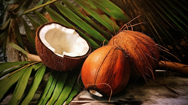 two coconuts are laying next to a palm leaf