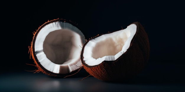 Photo two coconuts are sitting on a dark background.