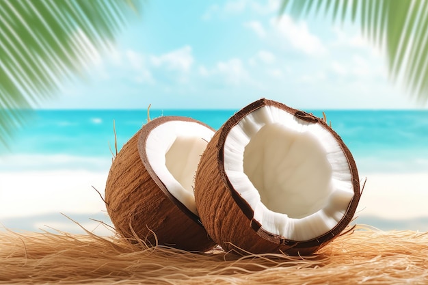 Two coconuts on a beach with a blue sky in the background