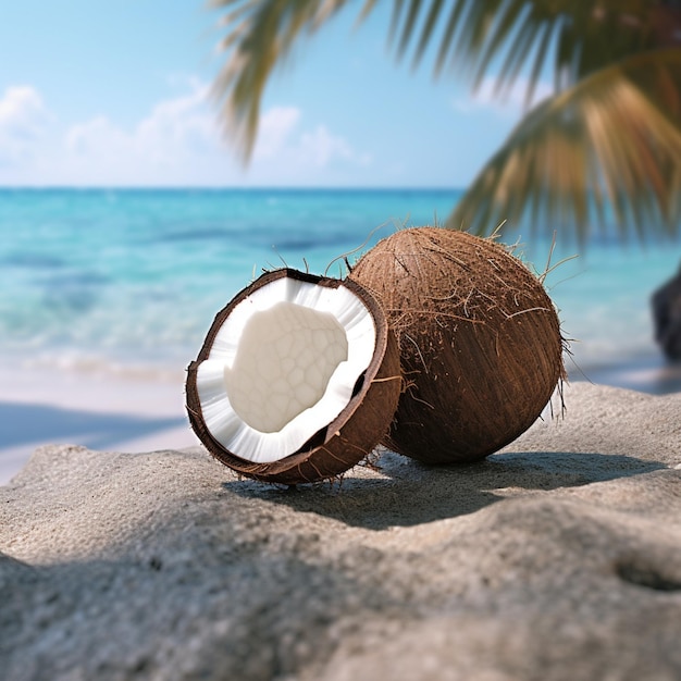 Two coconuts on a beach with a palm tree in the background.