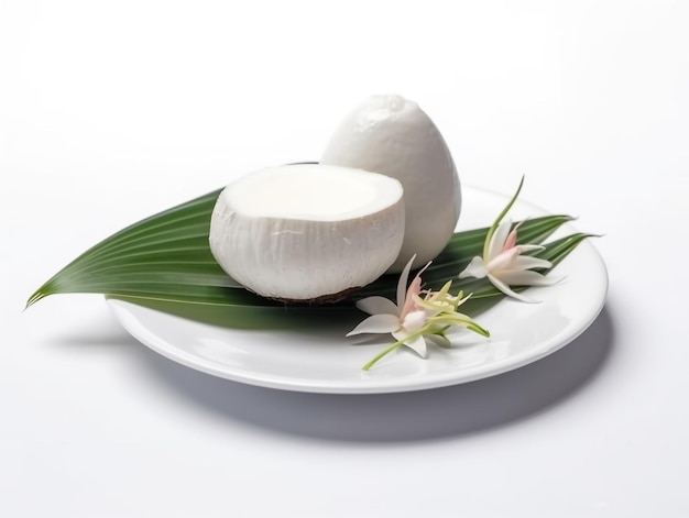 Two coconuts on a plate with a leaf that says coconuts.