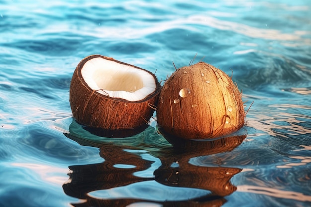 Two coconuts in water with one that has a drop of water on it.