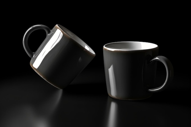 Two coffee cups are upside down on a black table.