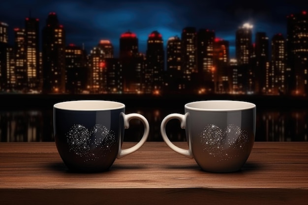 Two coffee cups sitting on top of wooden table