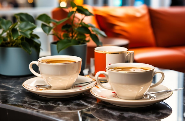 two coffee cups on tables in a hotel lobby