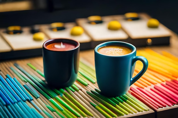 two coffee cups with a candle in them sit on a table