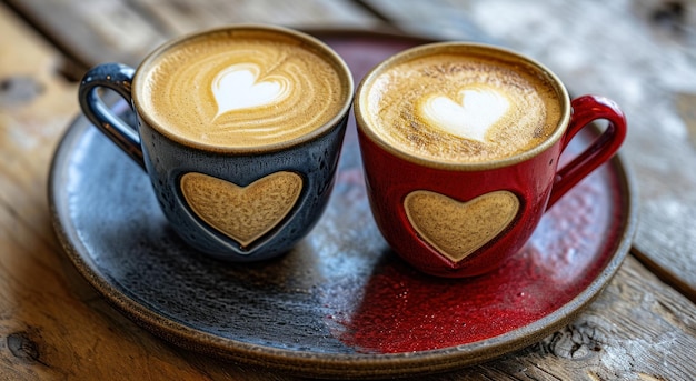 two coffee drinks on top of a wooden table with valentine hearts