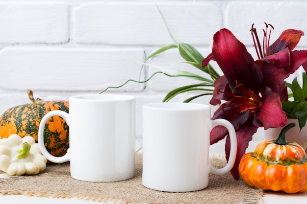 Foto modello di due tazze di caffè con zucche e giglio