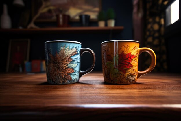 Two coffee mugs close together on a desk