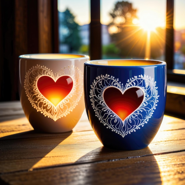 Фото Две кофейные чашки с формой сердца на них один с другим с другим с