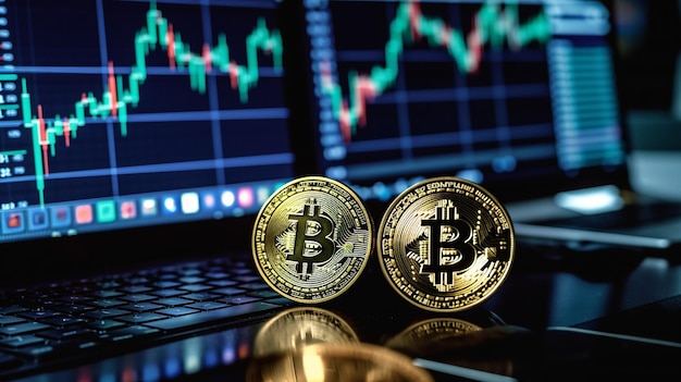 Photo two coins next to a monitor with a stock chart behind them.