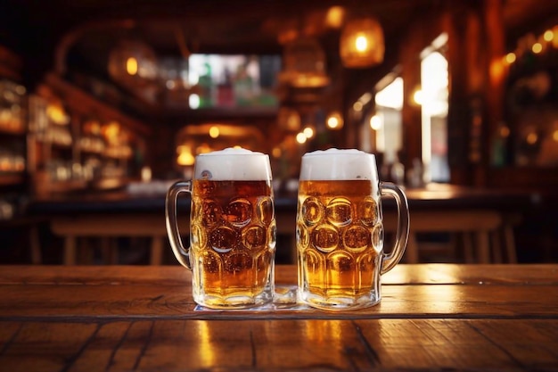 Two cold glasses of beer in a bar