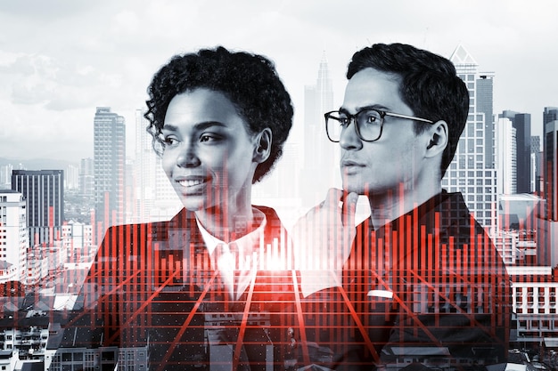Two colleagues in multinational corporate team dreaming about career opportunities after mba graduation trading at corporate finance fund forex chart kuala lumpur double exposure
