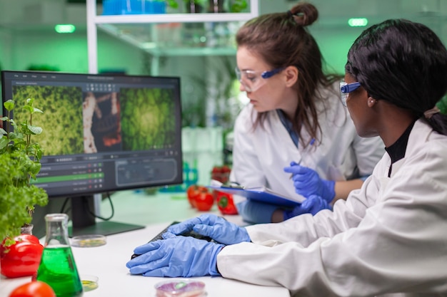 two collegues checking sample of vegan meat