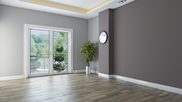 Two color wall empty room interior design with wooden floor and watch plant 3d rendering