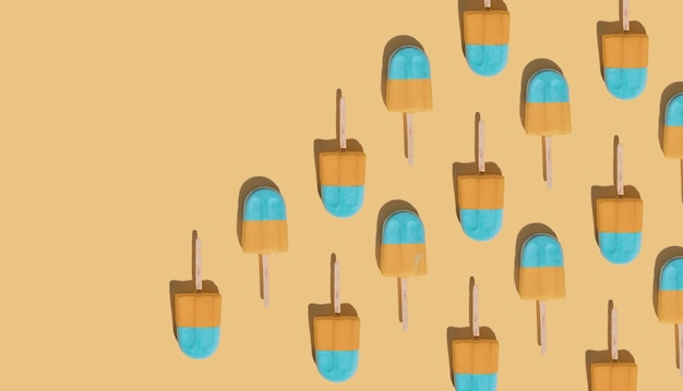 Two colored ice creams on a stick on a colored background\
creative pattern hot summer weather