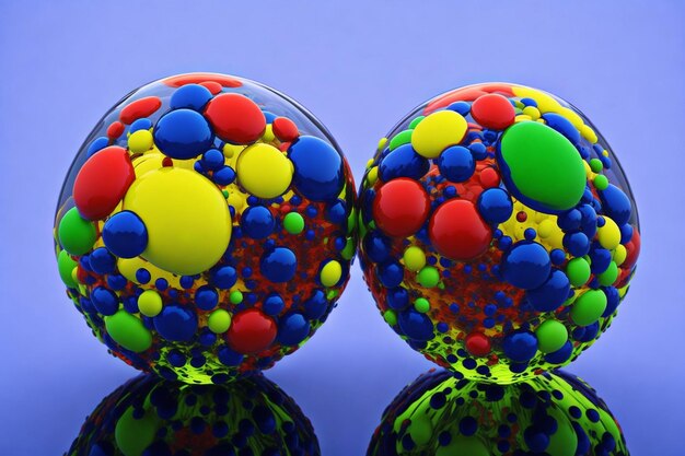 Two colorful balls are sitting on a blue surface.