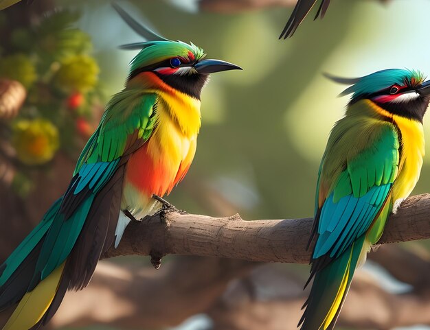 two colorful beeeater birds sitting on a tree branch