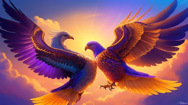 두 마리의 화려한 새가 대형을 이루어 날고 있는데 한 마리는 다른 하늘을 타고 날아갑니다