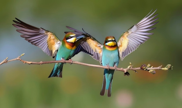 カラフルな 2 羽の鳥が翼を広げて枝にとまっています。