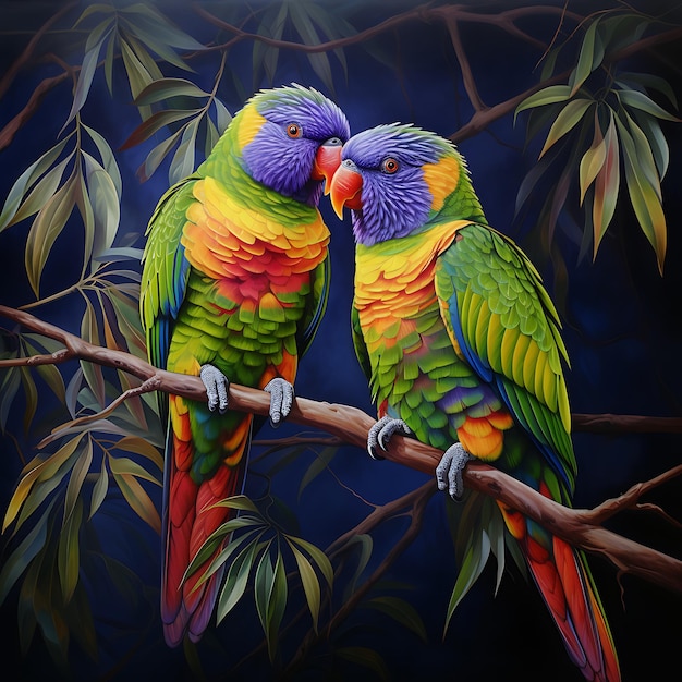 Two colorful birds on a branch