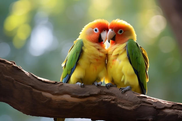 Two colorful birds sitting on a branch together