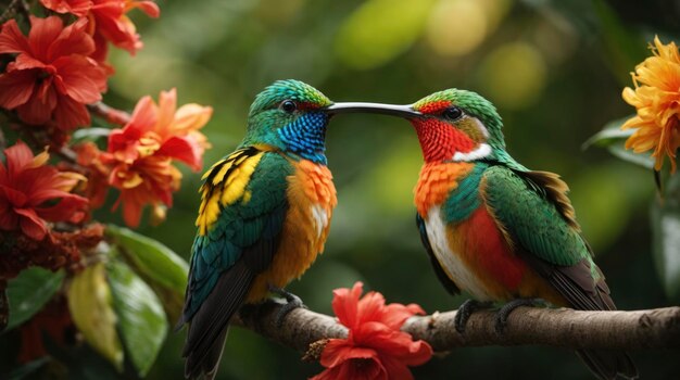 two colorful birds sitting on a branch with flowers in the background and a green and yellow bird