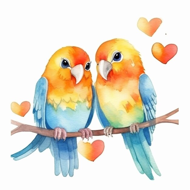 two colorful birds sitting on a branch with hearts in the background generative ai