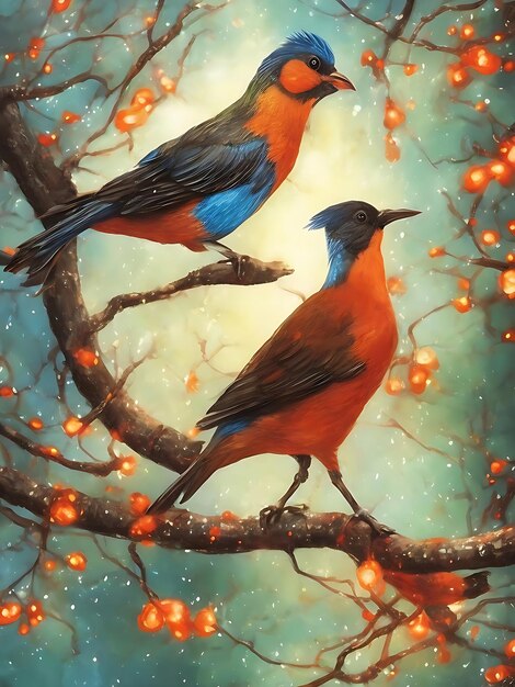 Two colorful birds sitting on the branch with magical flowers