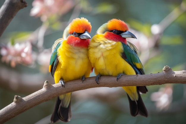 愛という言葉が書かれた枝に止まっている2羽のカラフルな鳥。