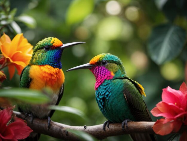 写真 背景に花とぼやけた背景を持つ枝に座っている 2 羽のカラフルな鳥