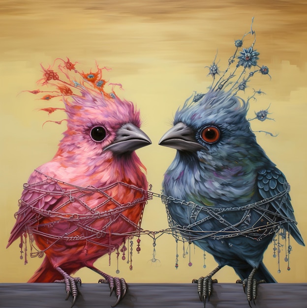 Two colorful birds with the words love on them