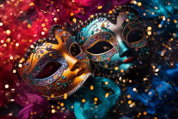 Foto due maschere di carnevale colorate su uno sfondo luminoso con un concetto di biglietto di auguri luccicante