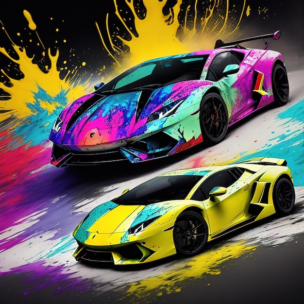 Two colorful cars are on a black background with a yellow and purple car in front of them.